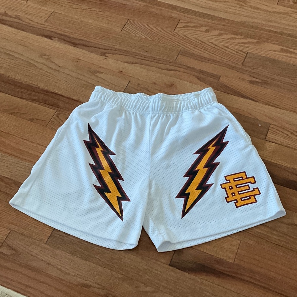 Eric Emanuel White Athletic Shorts with Yellow and Black Lightning Design